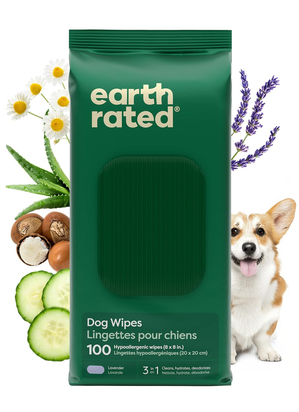 Earth Rated toallitas para perros, enfoque patas, limpieza suave con aroma a lavanda.