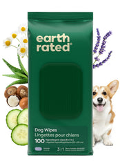 Earth Rated toallitas para perros, enfoque patas, limpieza suave con aroma a lavanda.