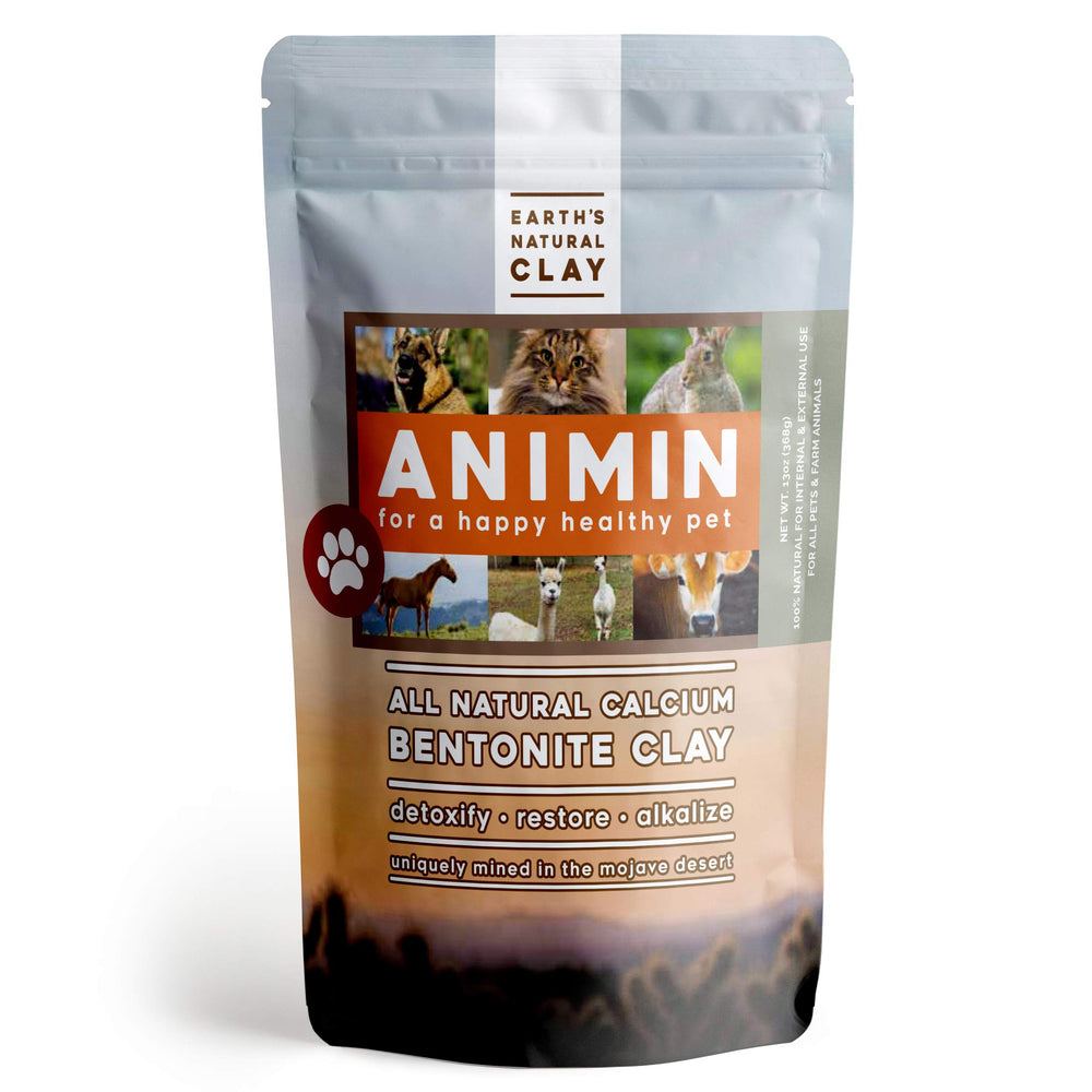 Earth's Living Animin arcilla Bentonita para mascotas en bote, apoyo digestivo suave.