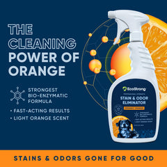 Eliminador de Olor Naranja Eco Strong con atomizador profesional para pulverizar fácilmente.