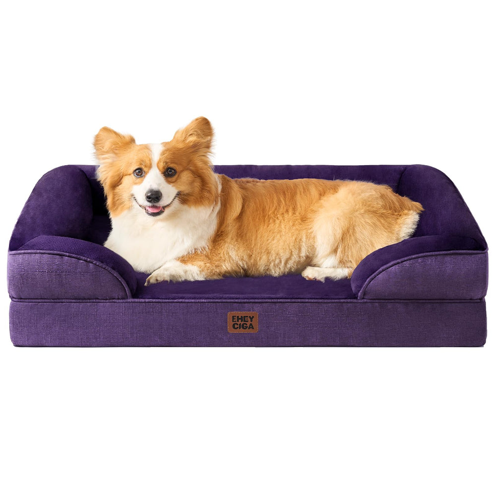 Cama ortopédica EHEYCIGA para perros grandes en púrpura, promueve mayor confort nocturno.