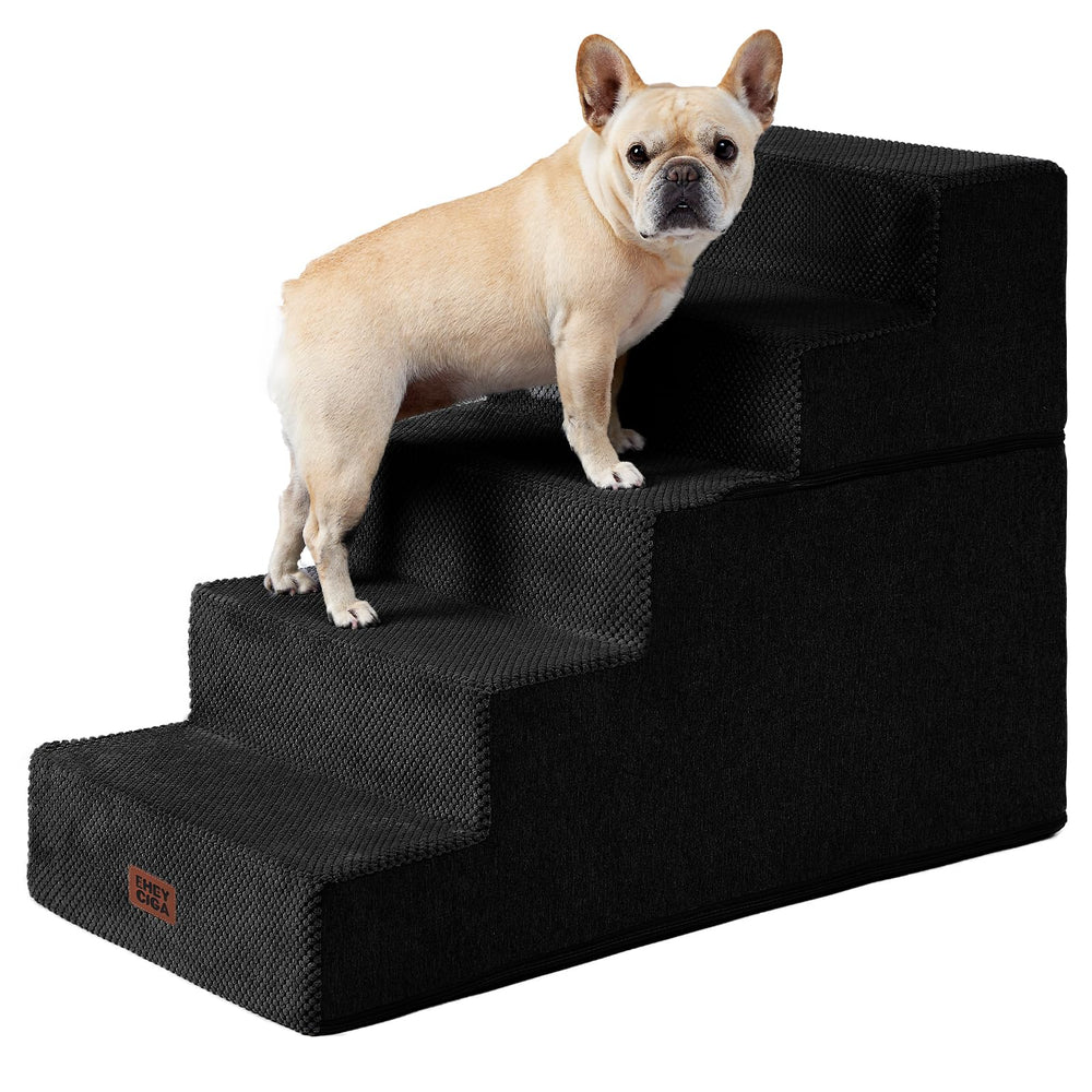 Escaleras para perro EHEYCIGA 5 pasos negro junto a la cama alta, seguras y estables.