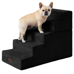 Escaleras para perro EHEYCIGA 5 pasos negro junto a la cama alta, seguras y estables.