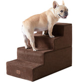 Escalera para perros EHEYCIGA de 4 pasos junto a la cama, facilita subir y bajar.