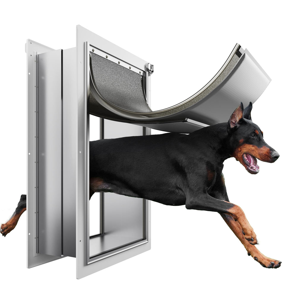 Puerta Eillion XL para pared con marco metálico, resistente y segura para mascotas grandes.