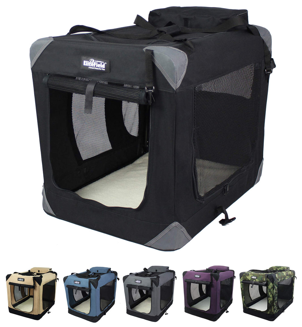 EliteField jaula blanda para perros con 3 puertas, ideal para viajes y ventilación.