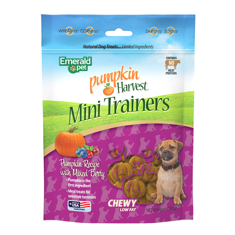 Emerald Pet mini-entrenadores con calabaza y arándanos azules, sabor agradable y digestión suave.