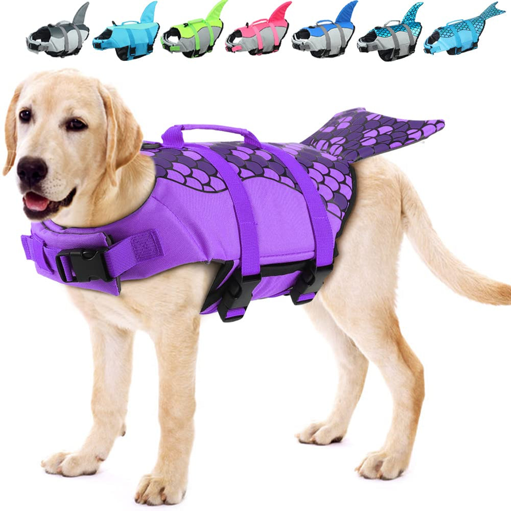 EMUST chaleco salvavidas mermaid para perros, enfoque delfín, flotación segura en agua.