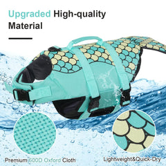 EMUST chaleco salvavidas para perros, vista lateral, asa de rescate para sacar al perro.