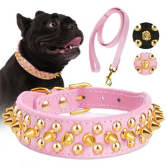 Collar Epesiri con tachuelas doradas para perros, rosa, talla S, seguro para paseos.