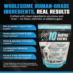 Equinety K10 Dental Chews, sabor-menta, favorece higiene bucal y gusto agradable.