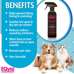 Eqyss Micro-Tek Pet Itch Relief Spray, protección sin enjuague para el pelaje tras la aplicación.