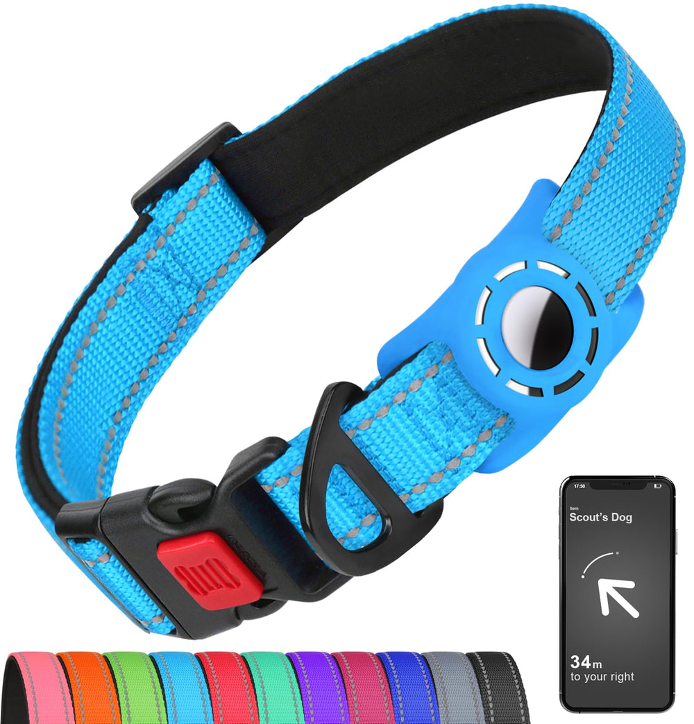 Collar Erbine AirTag frontal reflectivo azul cielo para localización nocturna.