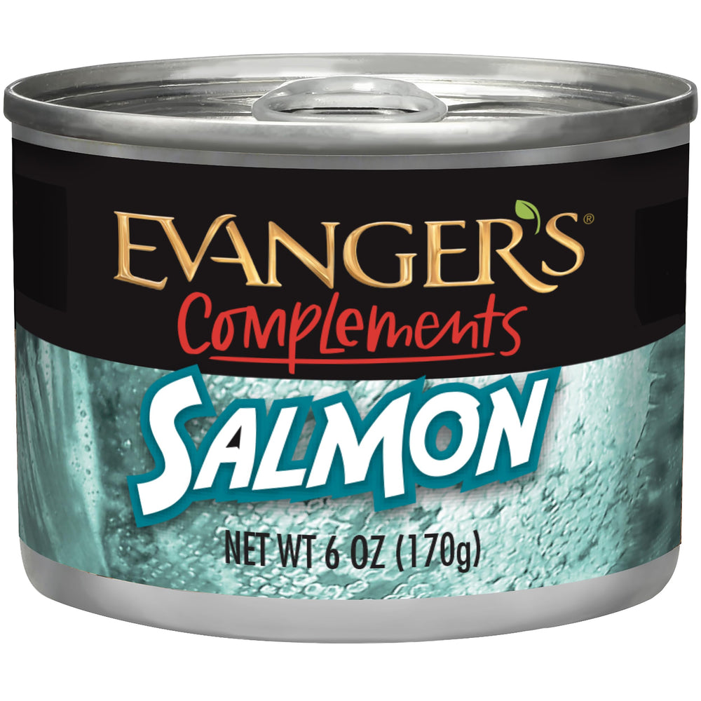 Evanger's Complements Salmón: lata de 6 oz lista para servir como aderezo húmedo para perros y gatos.