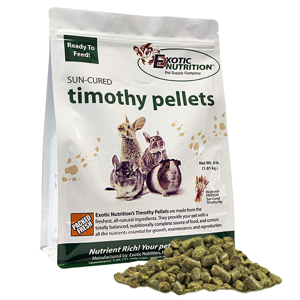 Exotic Nutrition Timothy Pellets 4 lb, empaque visible, fuente de fibra para conejos y cobayas.