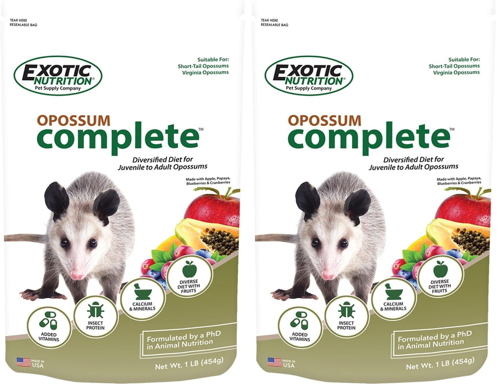 Exotic Nutrition Zarigüeya Completa, empaque frontal, dieta completa para zarigüeyas.