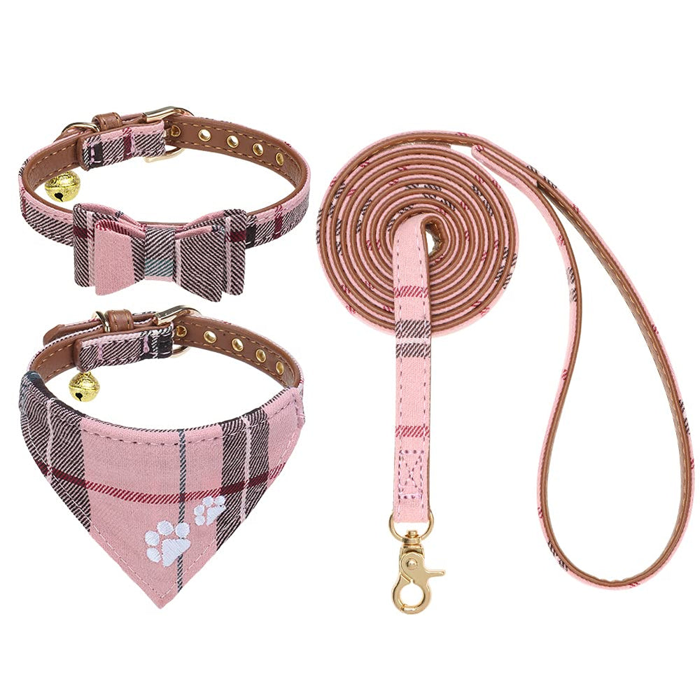 EXPAWLORER collar perro patitas bordado plaid rosa, estilo cómodo para paseos diarios.