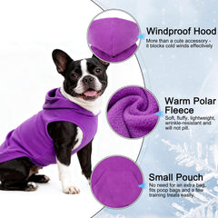 EXPAWLORER chaleco-sudadera capucha polar morado para perros, ideal en climas fríos.