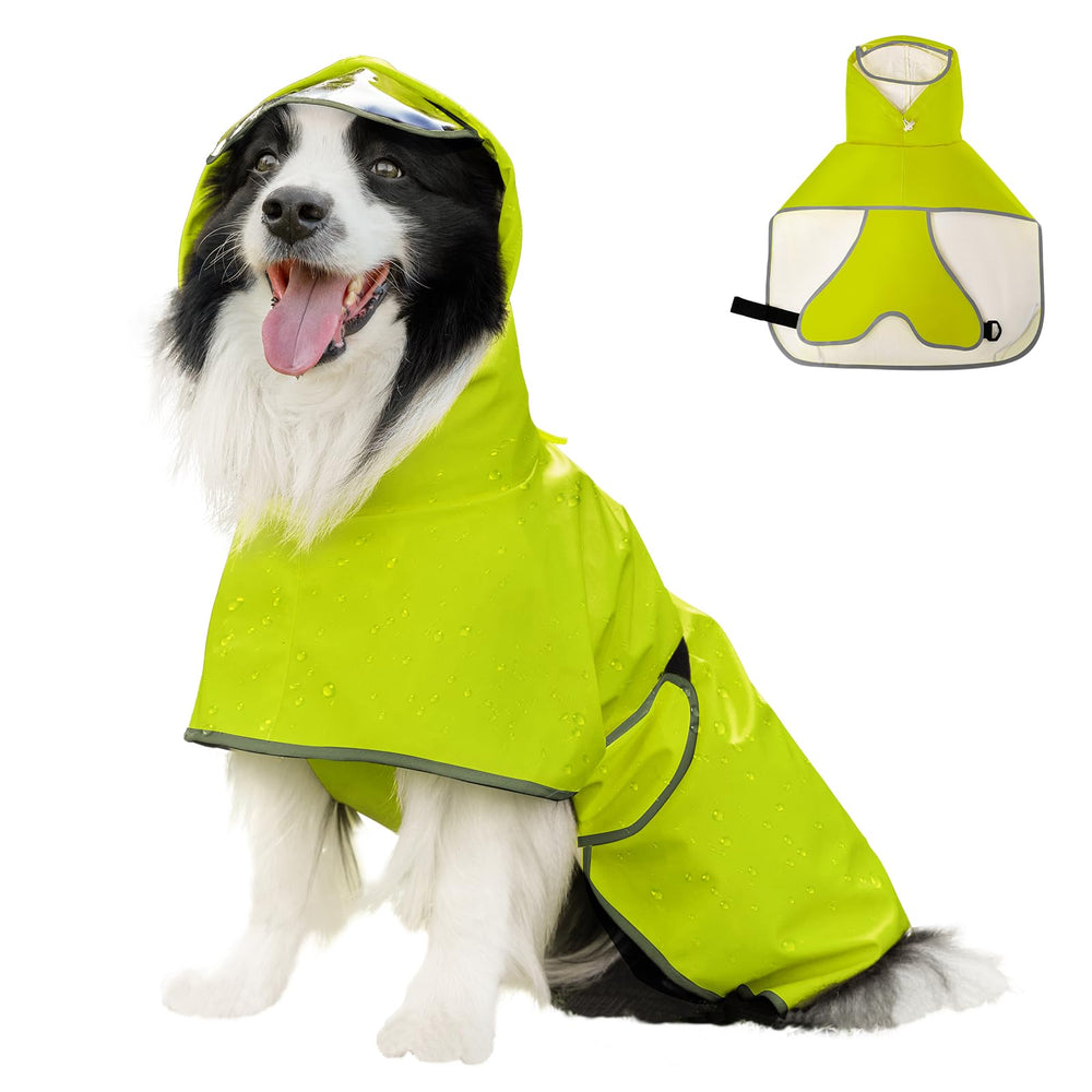 ExploreU impermeable para perros con capucha neón, ideal para días de lluvia.