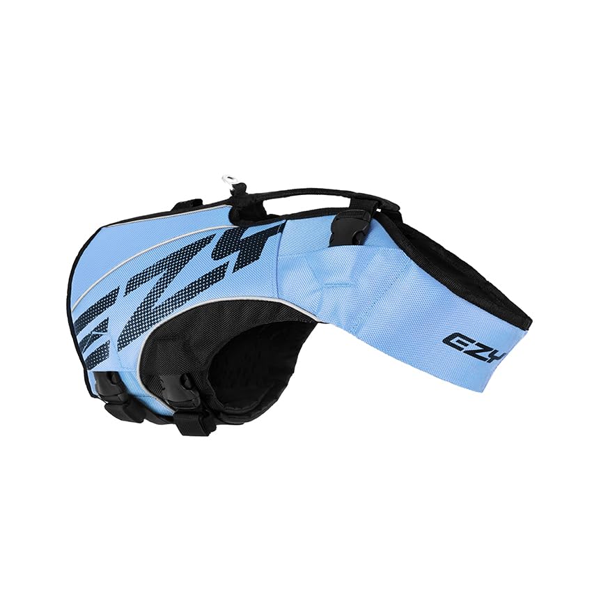 Chaleco flotación azul EzyDog DFD X2 mantiene al perro erguido en el agua.