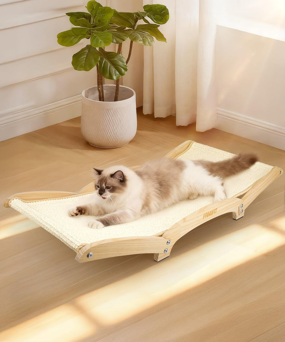 Famifit rascador para gatos con sisal y base de madera, 34 pulgadas para rascar y descansar.