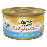 Purina Fancy Feast Delights con atún y cheddar, lata abierta para gato