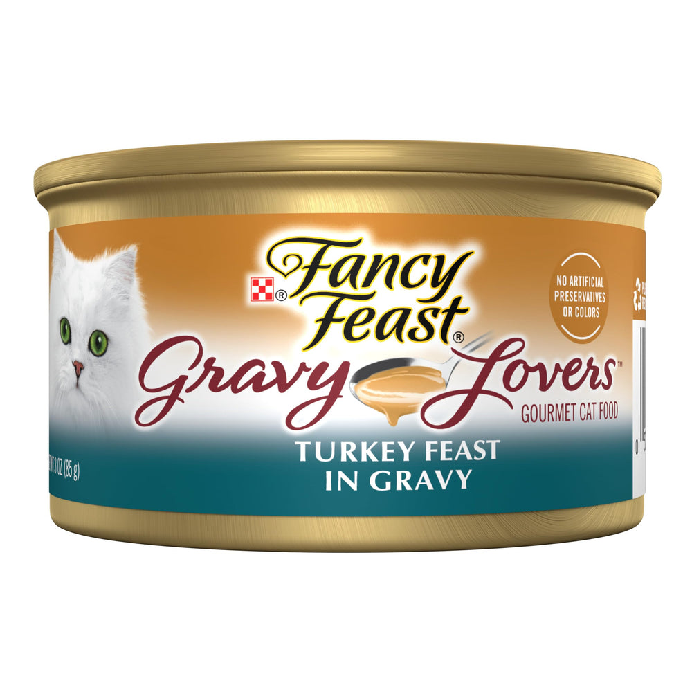 Fancy Feast Gravy Lovers pavo asado en lata, cena húmeda para gatos adultos.