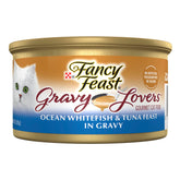 Purina Fancy Feast Gravy con pescado blanco del océano y atún, lata con salsa sabrosa para gatos.
