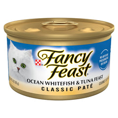 Fancy Feast pate pescado blanco y atún, una lata visible, sabor marino para gatos exigentes.