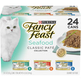 Fancy Feast Paté marino con bacalao, salmón y camarón, textura cremosa para gatos exigentes.