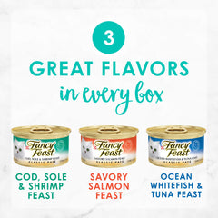 Fancy Feast Paté de salmón y lenguado con camarón, textura suave para cada comida.