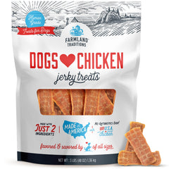 Jerky de pollo Farmland Traditions en bolsa, premio sabroso para perros.