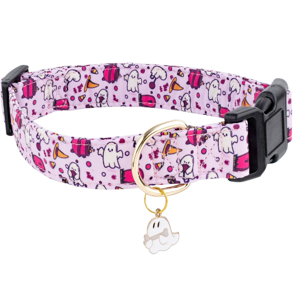 Collar Faygarsle para perro con patrón fantasma morado, ideal para salidas con estilo.