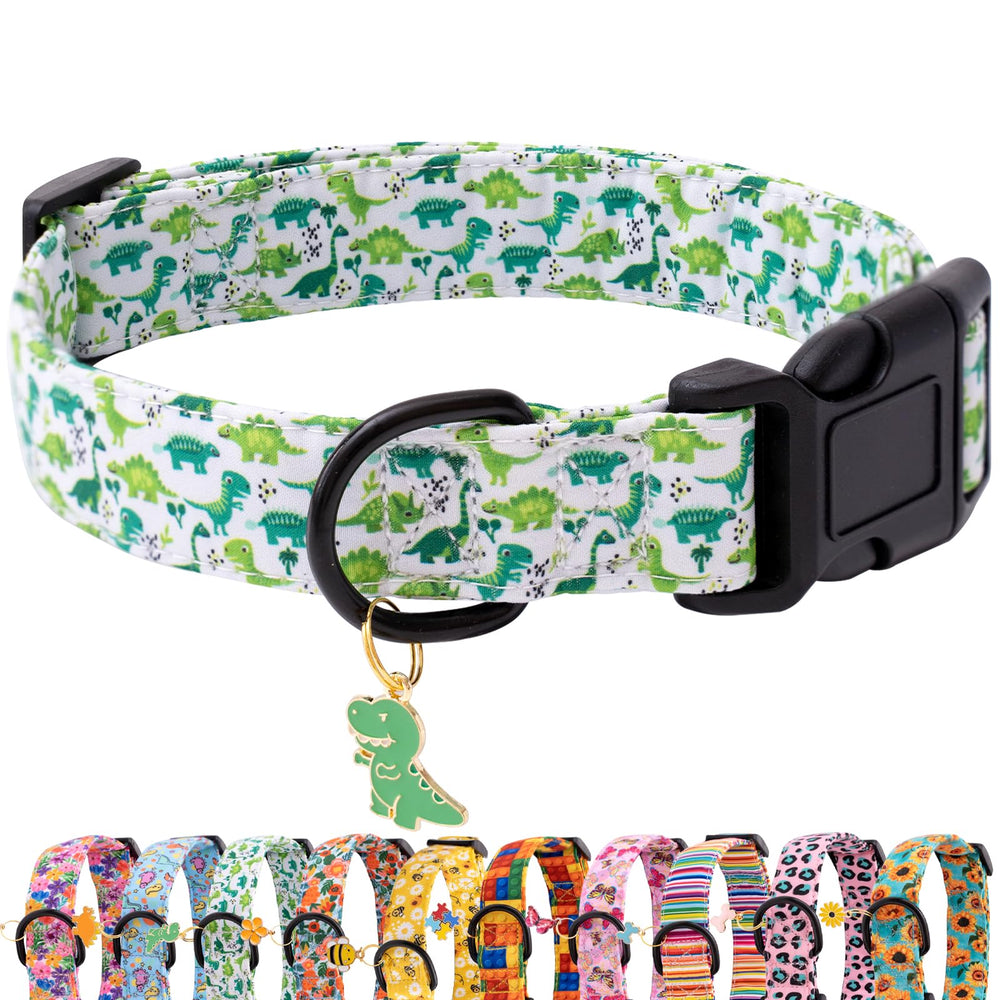 Collar Faygarsle verde con dinosaurio y ajuste cómodo para mascotas activas.