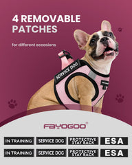 FAYOGOO arnés servicio perro pequeño cierres velcro y D-buckle para ajuste seguro.
