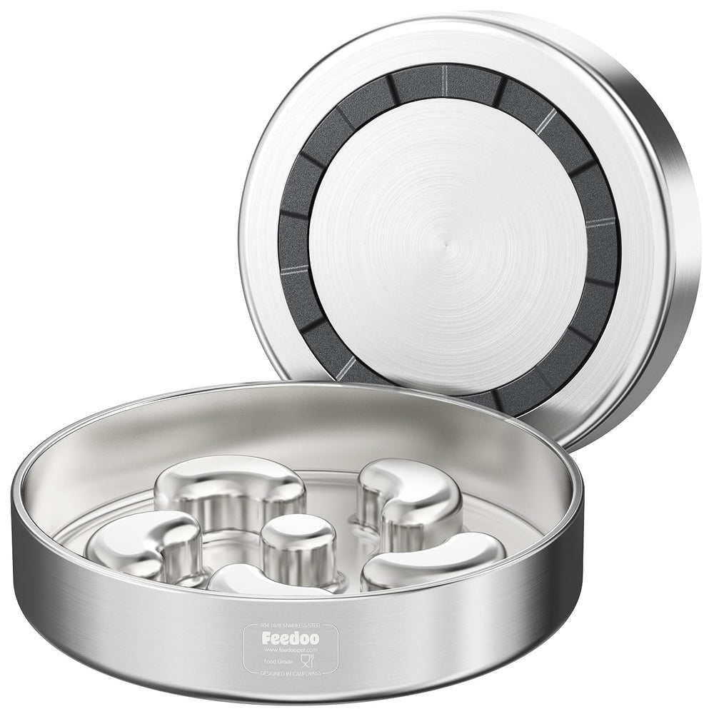 Feedoo comedero lento para perros medianos con dos tazas y base estable.