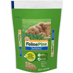 Feline Pine Arena Original 7lb, empaque visible para almacenamiento y uso cómodo.