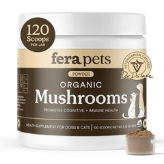 Fera Pets packaging en primer plano, destacando producto orgánico para apoyar la salud de mascotas.