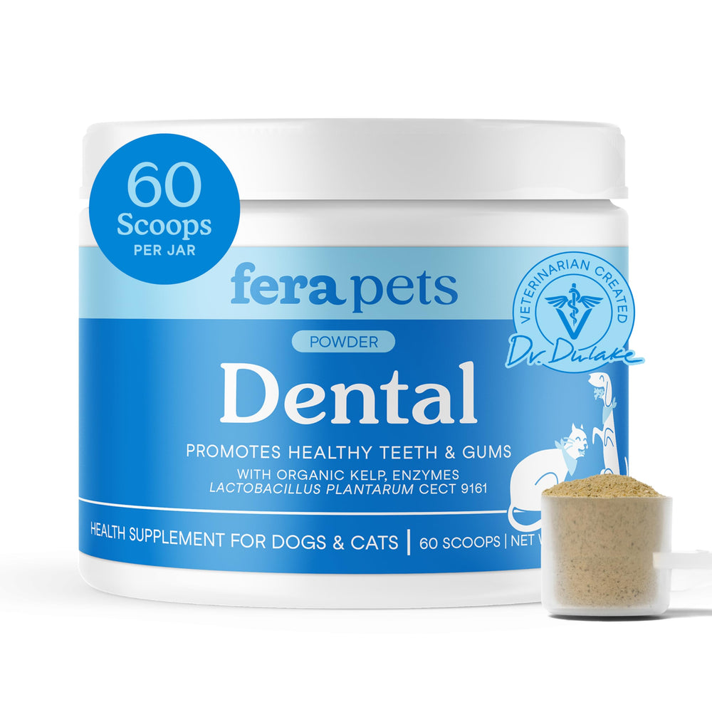 Envase de Fera Pets Polvo Dental con medidor para dosis fáciles