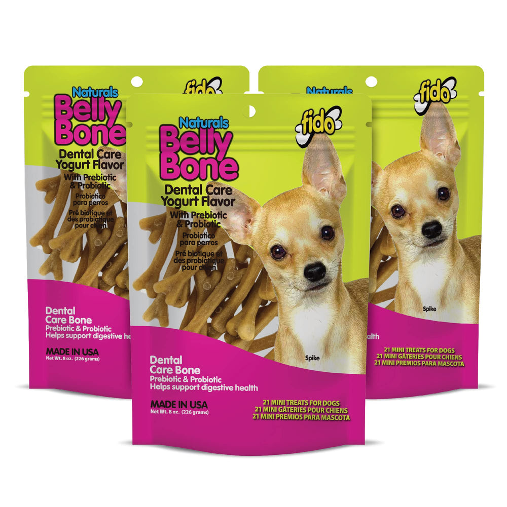 Fido Belly Bones mini yogur, empaque visible, promueve cuidado dental diario