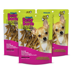 Fido Belly Bones mini yogur, empaque visible, promueve cuidado dental diario