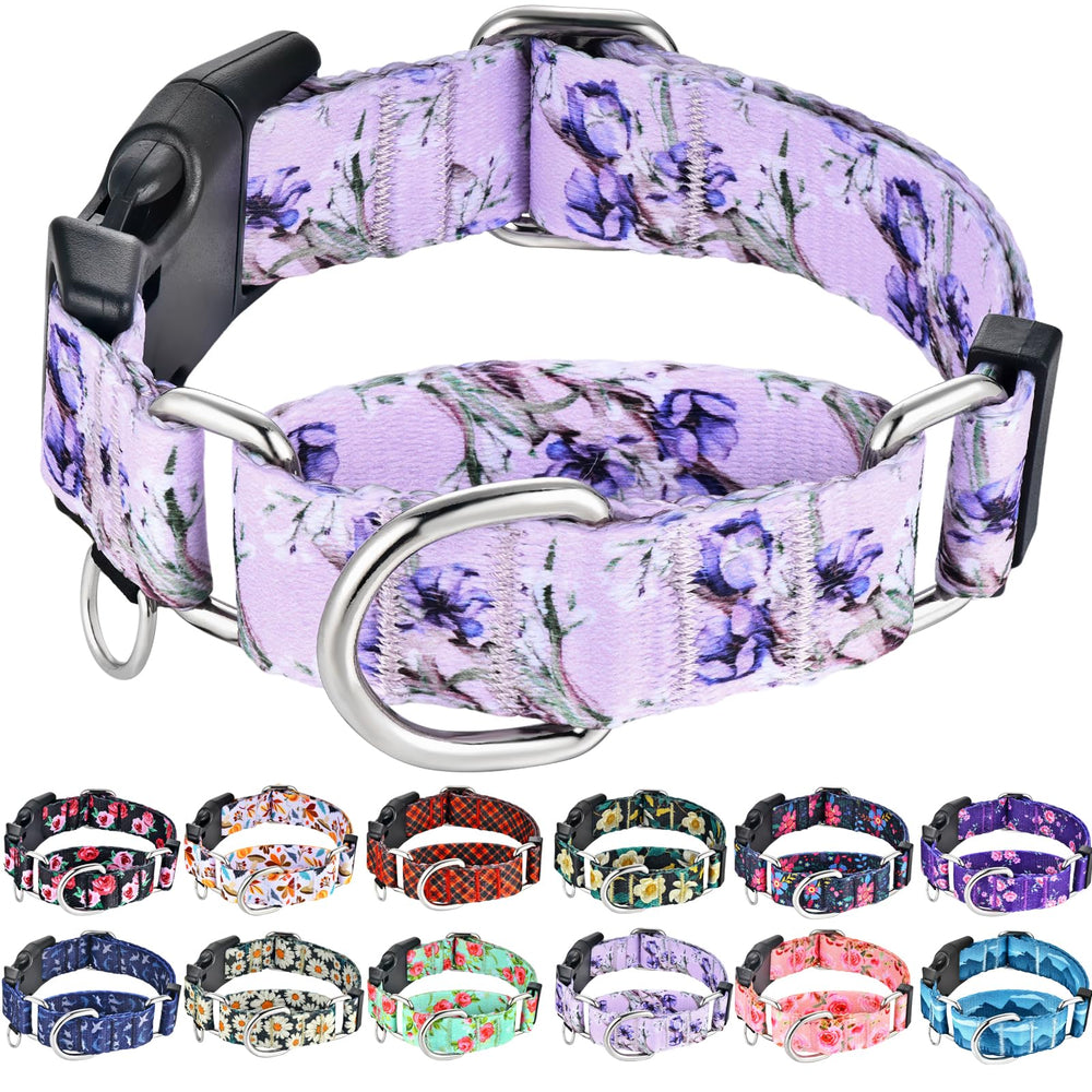 Fidohug collar martingale floral lila, vista frontal, cómodo para paseos diarios.