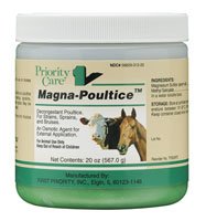 First Priority Magna-Poultice 20oz, envase, para uso externo en caballos y ganado, ayuda no invasiva.