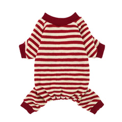 Pijama Fitwarm rayas rojas y blancas frente, cómodo para perro pequeño.