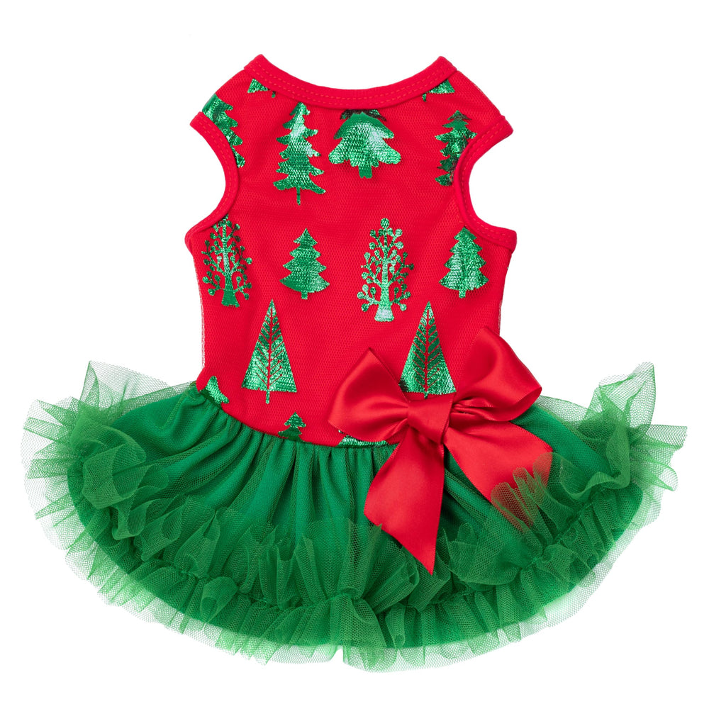 Vestido navideño Fitwarm para perro pequeño con árbol en tul rojo, ideal para fotos festivas.