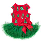 Vestido navideño Fitwarm para perro pequeño con árbol en tul rojo, ideal para fotos festivas.