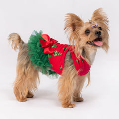 Vestido Fitwarm para perro pequeño con árbol en tul verde, perfecto para fiestas familiares.