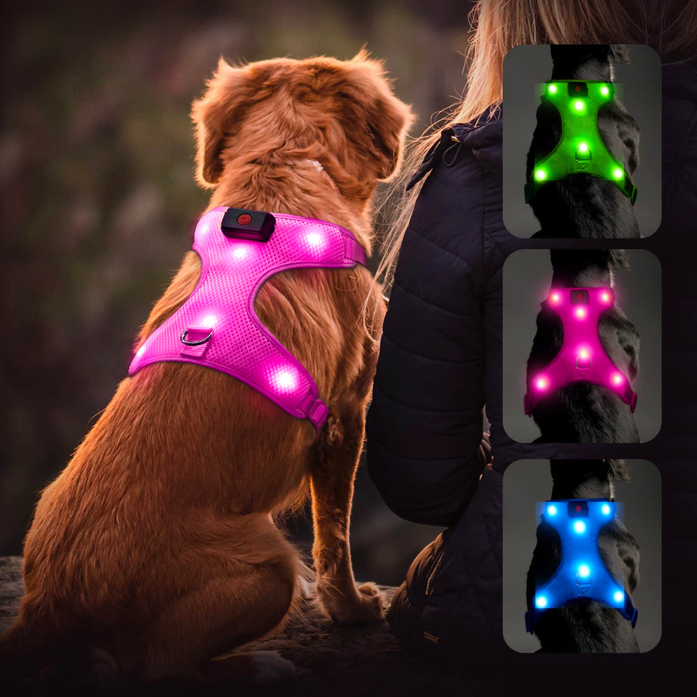Flashseen arnés LED para perros rosa en talla L con visibilidad nocturna para paseos seguros