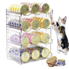 Flenpptly organizador de latas para gatos, vista frontal de cuatro niveles para acceso rápido a latas.