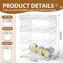 Flenpptly organizador de latas para gatos, vista lateral para ver tamaños compatibles fácilmente.